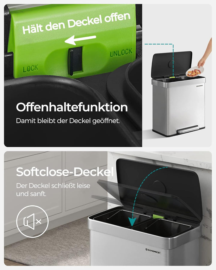 SONGMICS Mülleimer Küche, 2 x 30L, Mülltrennsystem, 2 Fächer, 15 Müllsäcke, Abfalleimer aus Edelstah