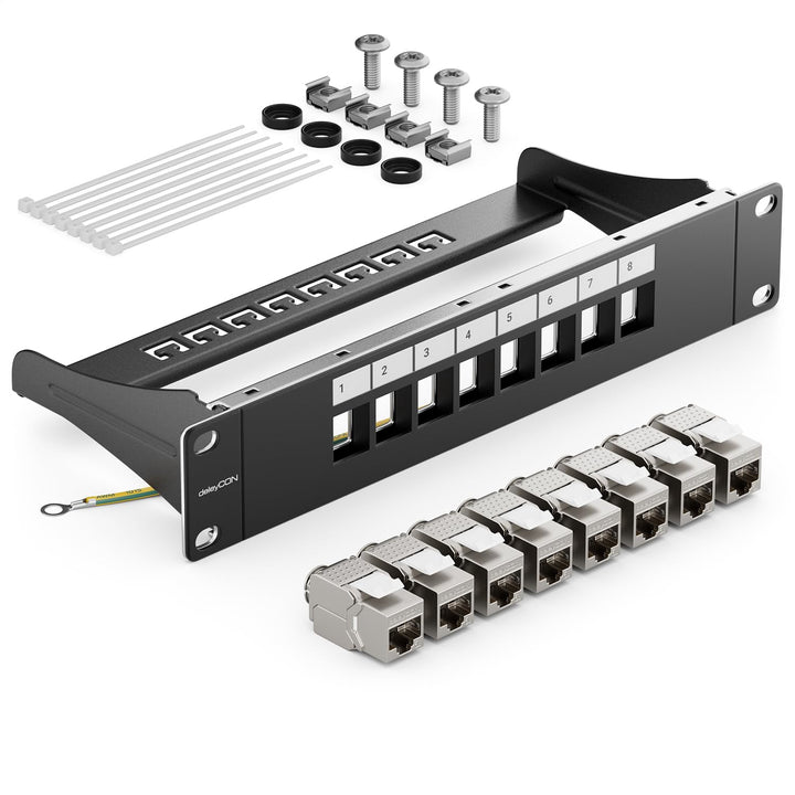 deleyCON 8 Port Patchpanel Set Patchfeld CAT6a 1 HE 10 Zoll - Schwarz | Modularer Rackeinbau mit 8x