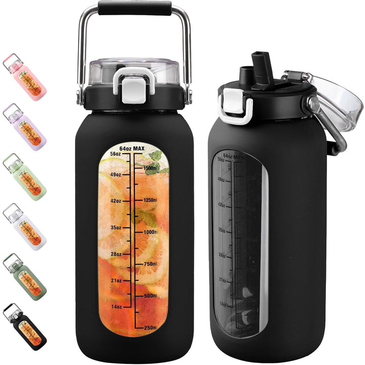 BLUEGO 2000ml Glaswasserflasche mit Edelstahlgriff und Zeitmarkierung 2L Trinkflasche Borosilikatgla