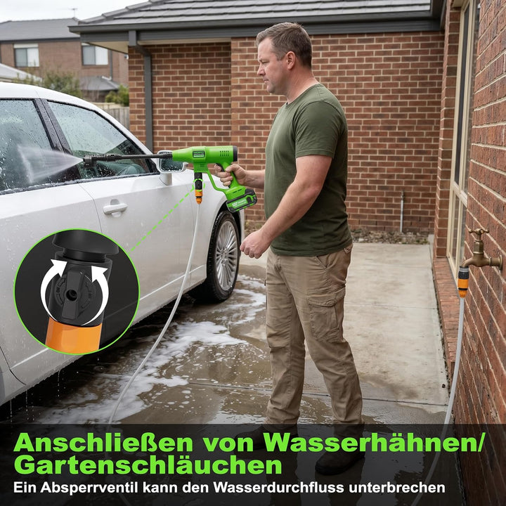 Akku Hochdruckreiniger, Mobiler Druckreiniger mit 2 Akkus und Ladegerät, 6-in-1 Düse, 6M Schlauch Di