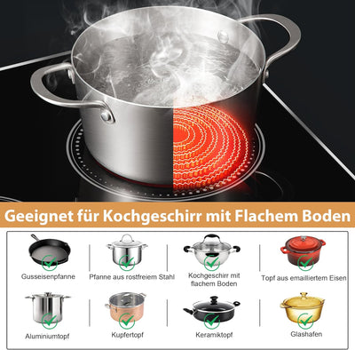 Glaskeramikkochfeld 3 Platten, DELITEER Kochfeld mit Rahmen, 60cm Einbau, 5200W, Slider-Touch-Steuer
