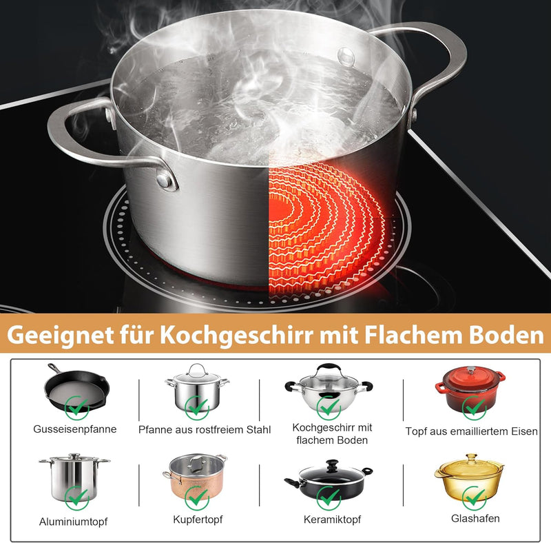 Glaskeramikkochfeld 3 Platten, DELITEER Kochfeld mit Rahmen, 60cm Einbau, 5200W, Slider-Touch-Steuer