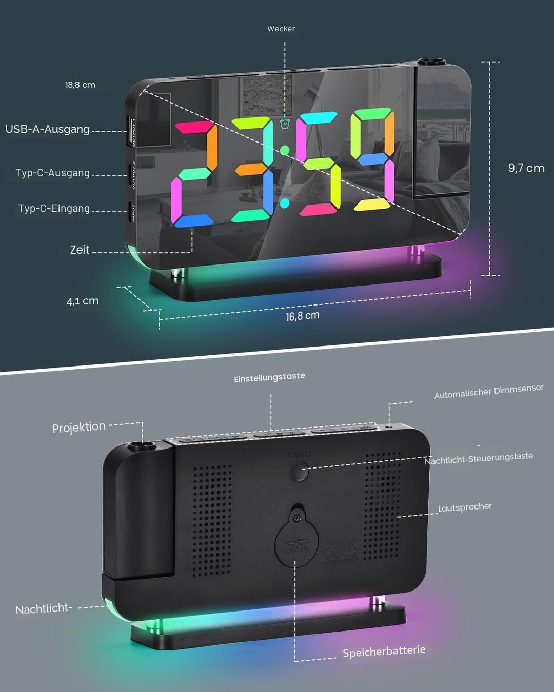 SZELAM Projektionswecker, 7.4 Zoll Digitale Spiegeluhren, mit 180° drehbarem Projektor, RGB-Nachtlic