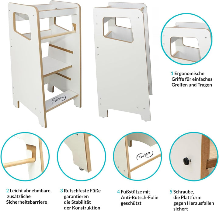 Baby Montessori Lernturm Kleinkind Trittstufe mit Verstellbarer Höhe und Sicherheitsschiene Kitchen