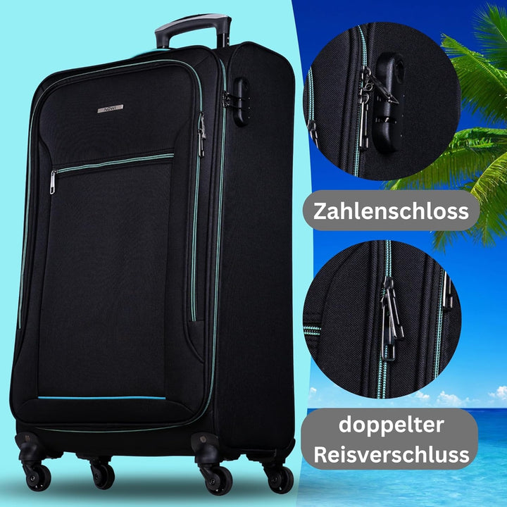 NOWI Sevilla Kofferset 3-teilig – Weichschalen Trolley Set (30L, 50L, 76L) mit 4 Rollen & Zahlenschl