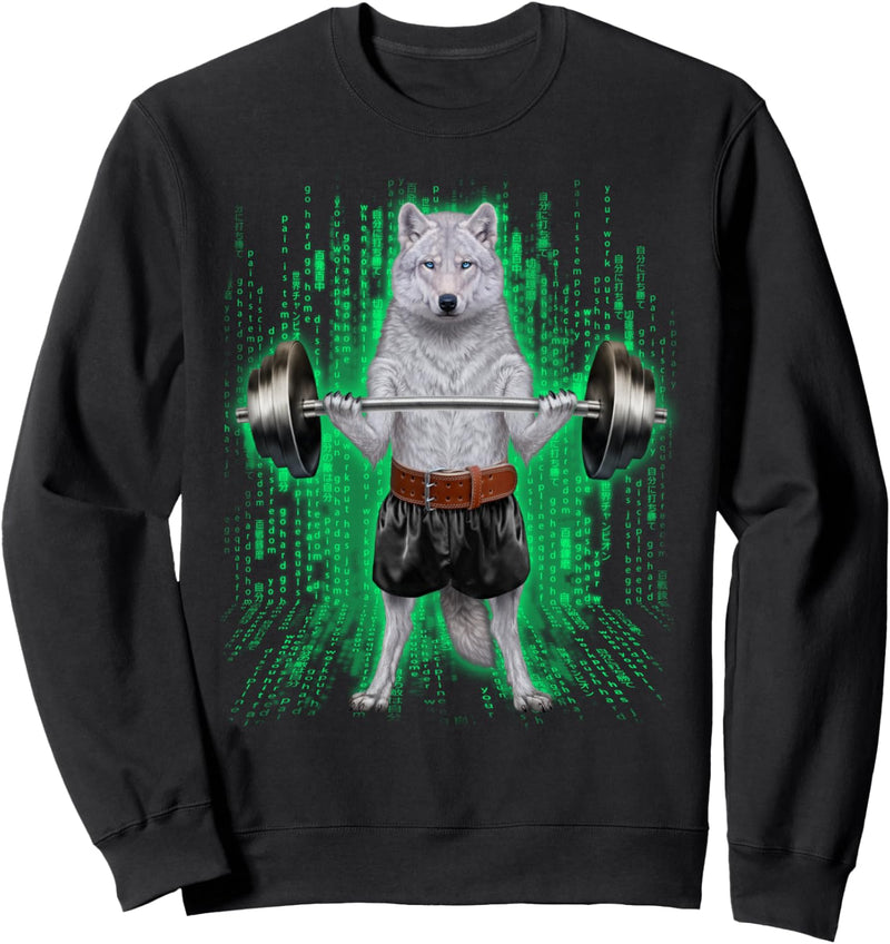 Arktischer Wolf, der Gewichte im Cyber-Fitnessstudio hebt Sweatshirt