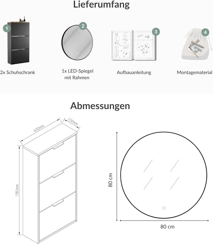 Planetmöbel 2 x Schuhschrank schmal inkl. runder Spiegel mit Beleuchtung 80 cm (3 Lichtstufen) Schuh