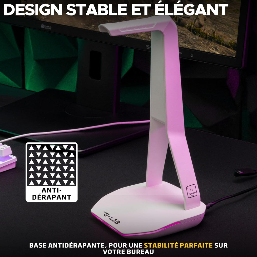 The G-lab – K-Stand Hydrogen – Gaming Kopfhörer Ständer – RGB mit 7 Farben, EIN/Aus-Schalter, 2X USB