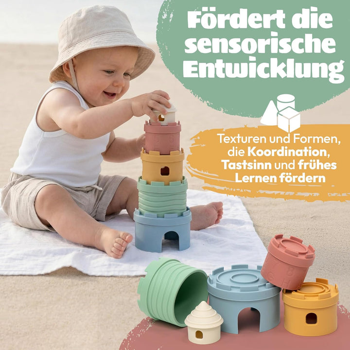 Stapelbecher Baby Silikon Montessori Spielzeug 3 in 1 – Stapelturm, Beissring & Badespielzeug | Sens