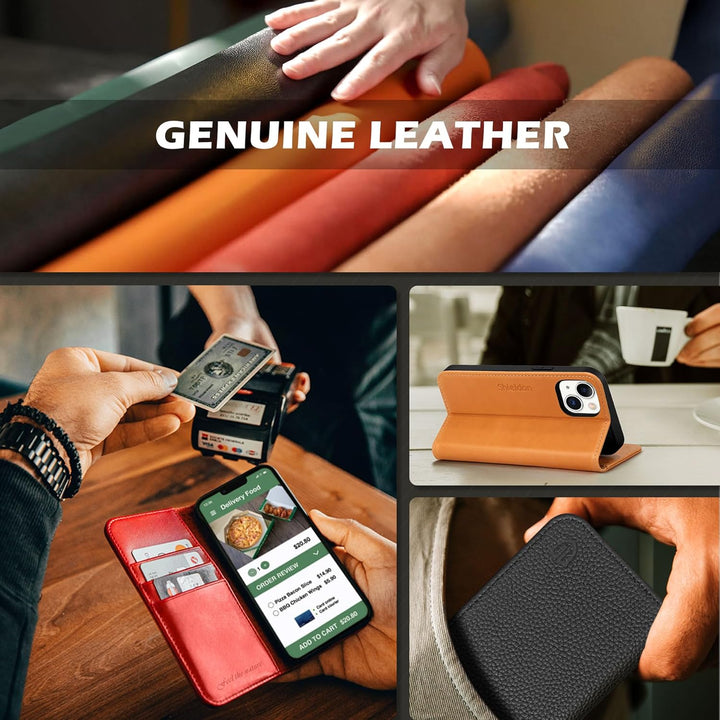 SHIELDON Hülle für iPhone 14 5G, Stossfeste Schuzhülle [Echtleder] [Kartenfach] [Verdicht TPU], Magn