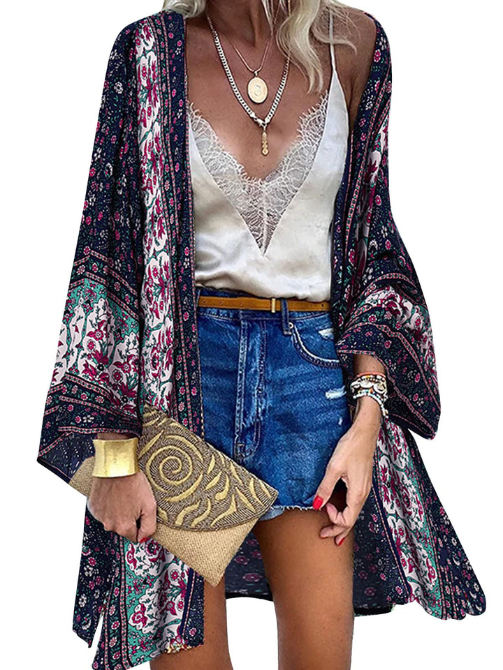 ZANZEA Damen Blumendruck Kimono Strickjacke Boho Strandkleid Pareos Poncho Sommer Strand Cardigan Bi