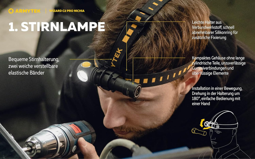 Armytek Wizard C2 Pro Nichia LED Warmweiss Stirnlampe Magnet USB Multifunktion Taschenlampe