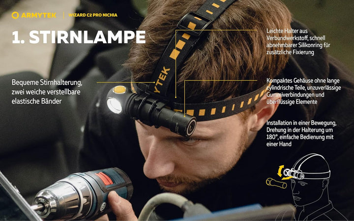 Armytek Wizard C2 Pro Nichia LED Warmweiss Stirnlampe Magnet USB Multifunktion Taschenlampe
