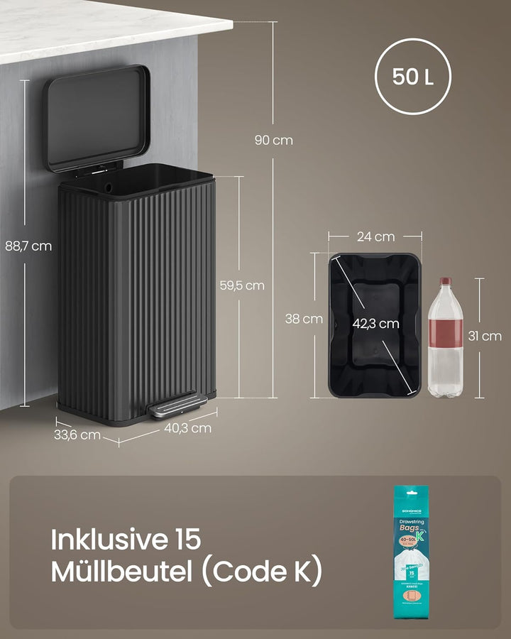 SONGMICS Mülleimer Küche, 50 Liter, Abfalleimer mit Pedal, Tretmülleimer mit Deckel, Softclose, Inne
