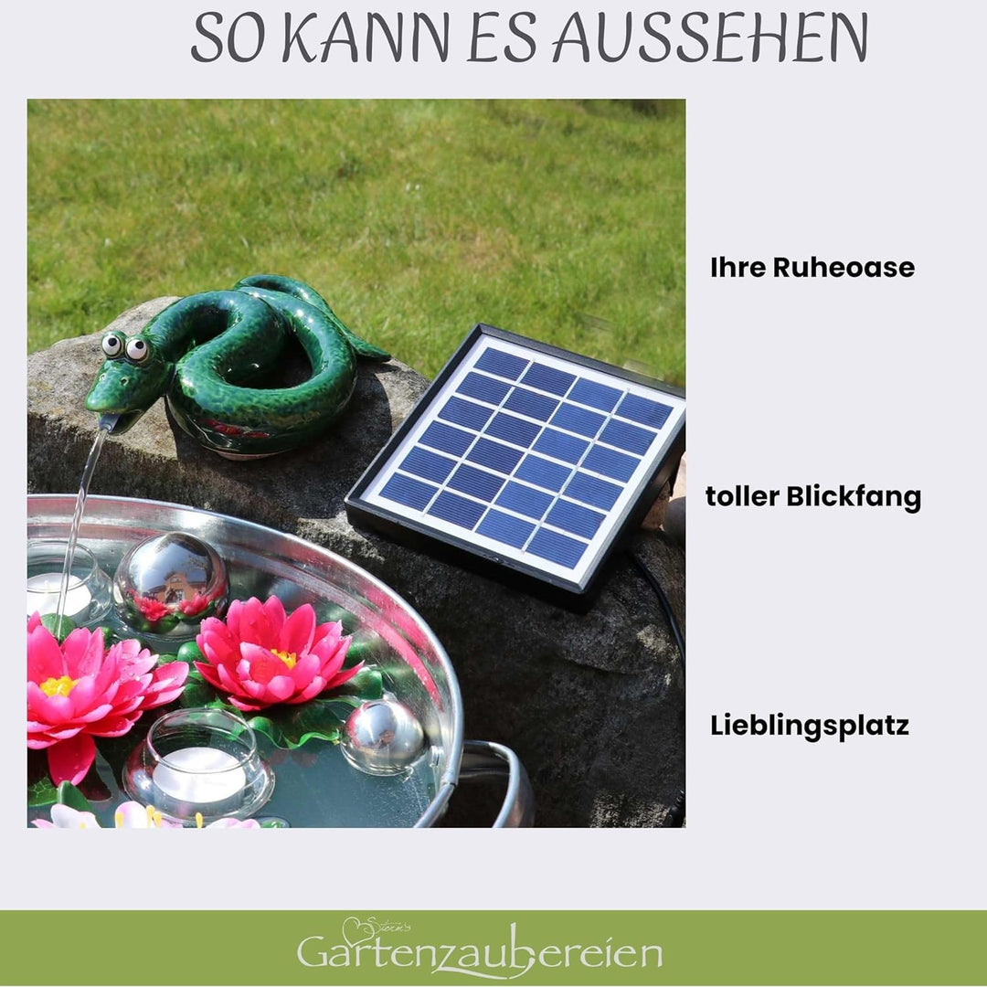 Storm's Gartenzaubereien Wasserspeier Schlange - grün aus Keramik mit Solarpumpe für Teich und Minit