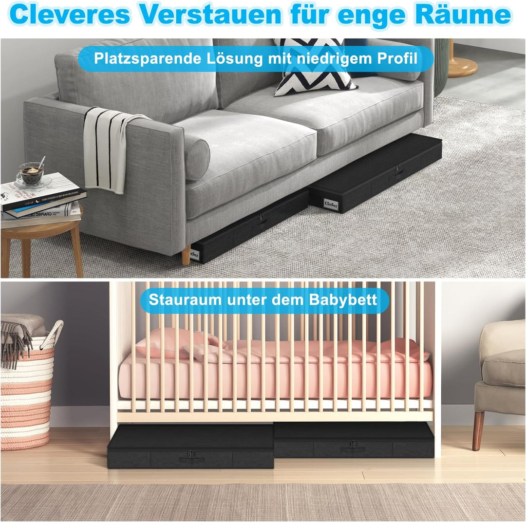 Unterbett Aufbewahrungsbox mit Deckel 12cm hoch, 2 Stück Faltbar Unterbettkommode, Waschbar Kleidera