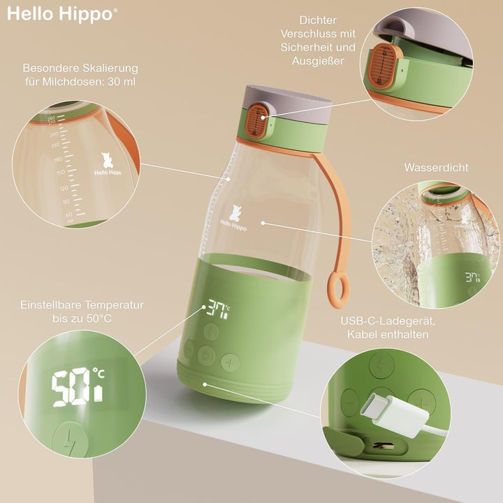 HELLO HIPPO® Tragbarer Babyflaschenwärmer – Mobiler Flaschenwärmer mit USB-Ladefunktion – 280 ml – E