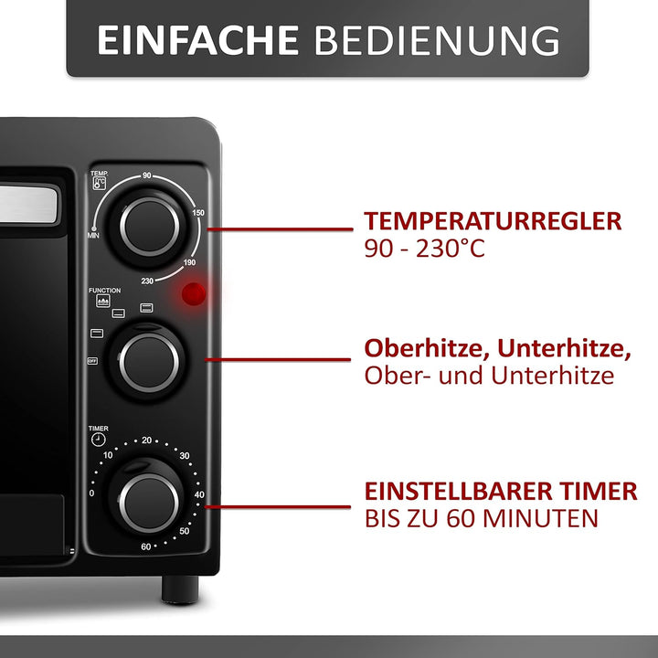 Mini Backofen 15 Liter Pizza-Ofen 3in1 Backofen Minibackofen Miniofen Krümelblech Ober-/Unterhitze E