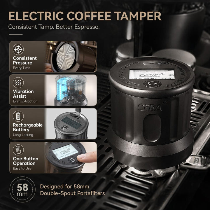 CERA+ ET58 Elektrischer Kaffeestampfer – 58mm Siebträger, einstellbarer Druck (5–20 kg) + Vibration