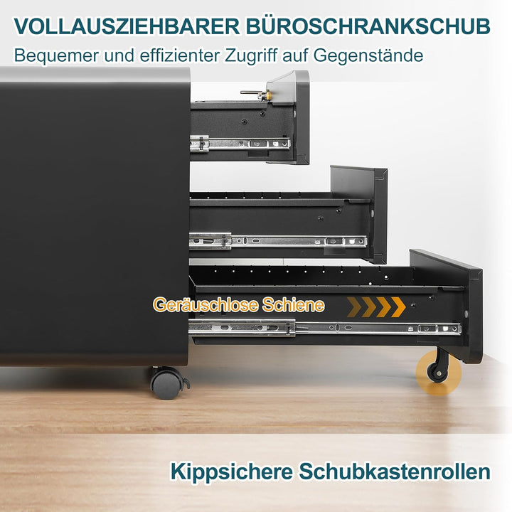Rollcontainer mit 3 Schubladen, Aktenschrank, Abgerundetes Eckendesign, Abschliessbar, 4 Schlüsseln,