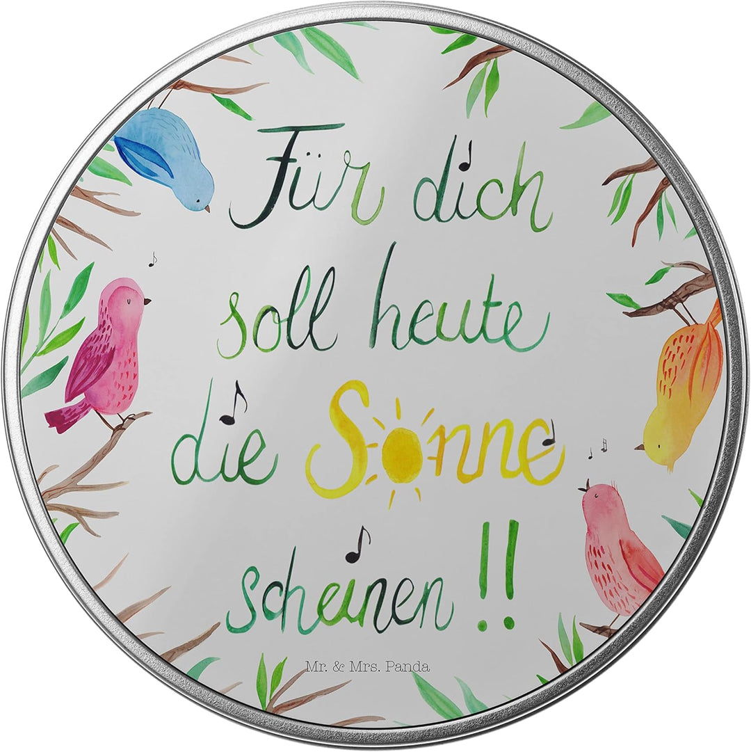 Mr. & Mrs. Panda Blechdose rund Vögel Sonne - Geschenk, Frühlings Deko, Metallkiste mit Deckel, Lunc