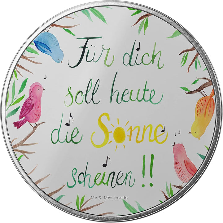 Mr. & Mrs. Panda Blechdose rund Vögel Sonne - Geschenk, Frühlings Deko, Metallkiste mit Deckel, Lunc