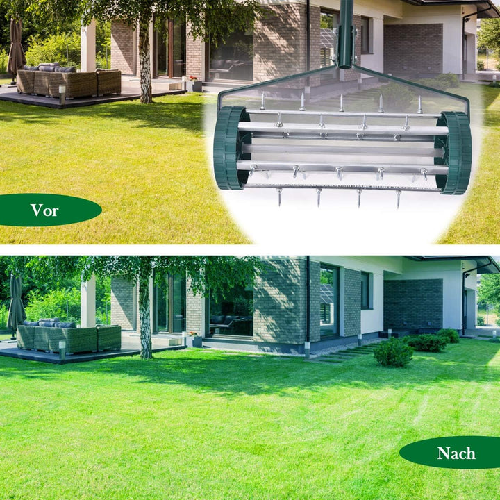 COSTWAY Rasenlüfter Walze, Rasenrolle mit Stiel & Nägeln, Handvertikutierer rollend, Rasenbelüfter m