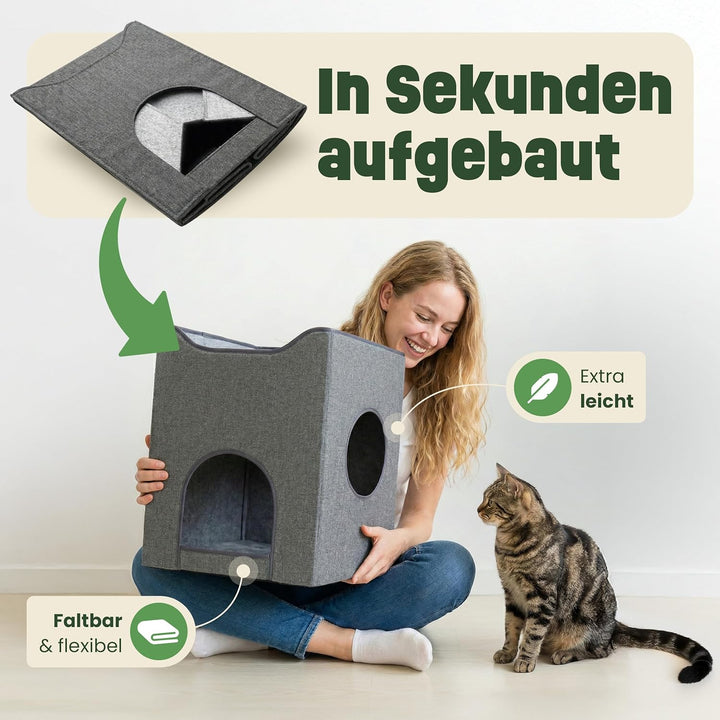 zooprinz Katzenhöhle 36x36x46,5 cm anthrazit mit Kissen | Cat Cave und Kuschelhöhle, Katzenbett für