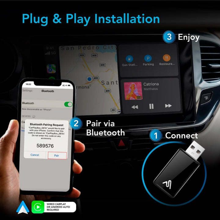 AutoSky Wireless Carplay Adapter & Android Auto - Verwandeln Sie kabelgebundenes zu drahtlosem Carpl