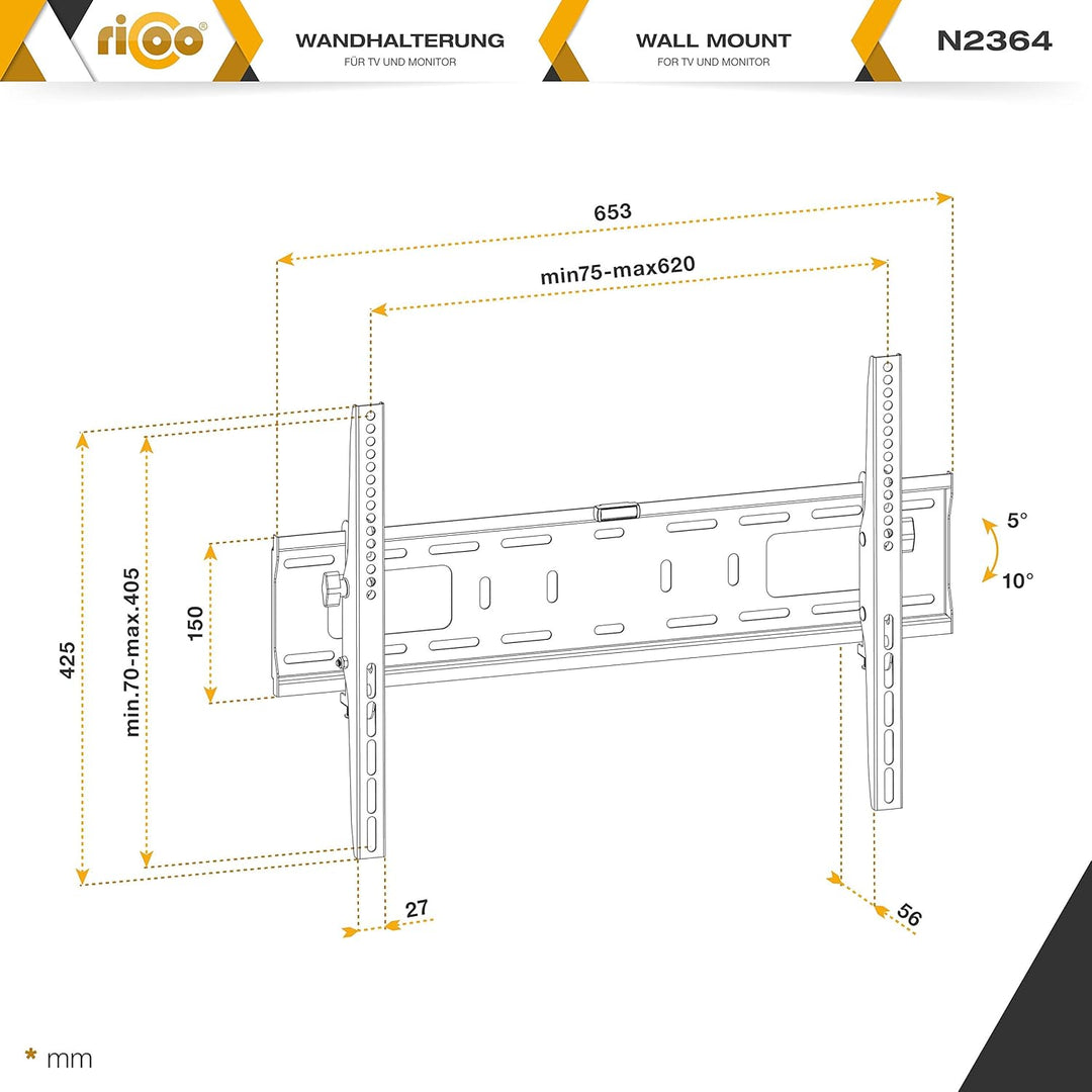 RICOO TV Wandhalterung Fernseher Neigbar Flach Slim für 37-70 Zoll, Universal TV Halterung N2364, Fe