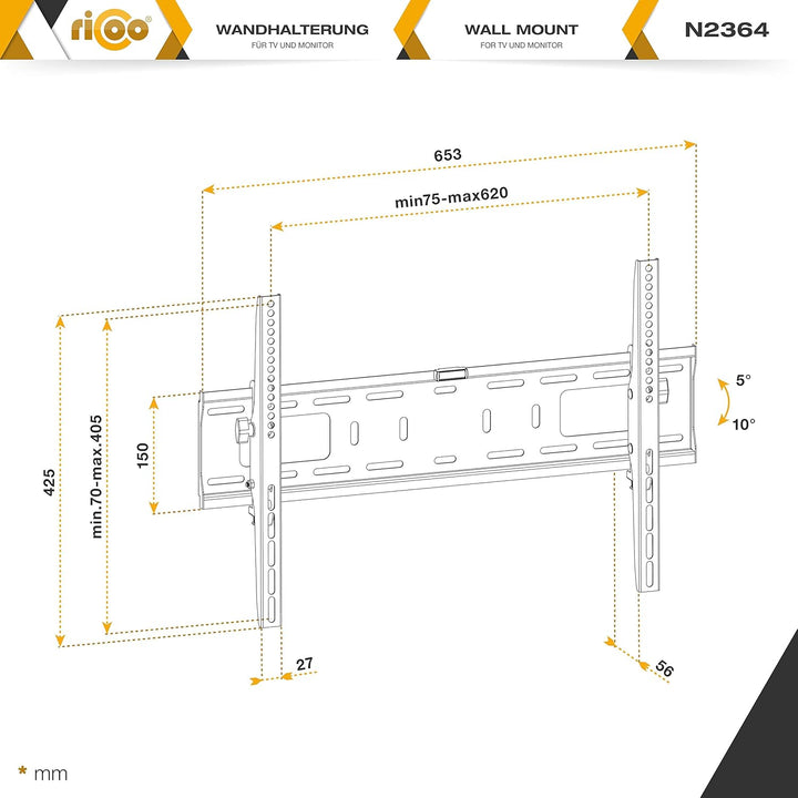 RICOO TV Wandhalterung Fernseher Neigbar Flach Slim für 37-70 Zoll, Universal TV Halterung N2364, Fe