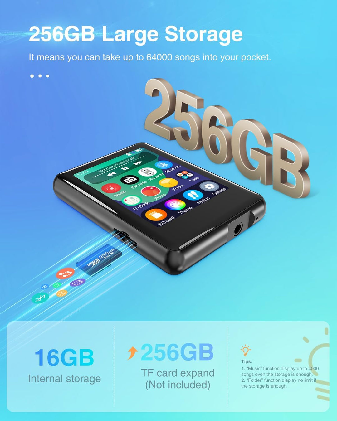 MP3-Player mit Bluetooth 5.3, 16 GB, Full Touchscreen, für Kinder, tragbares Musikgerät mit Lautspre