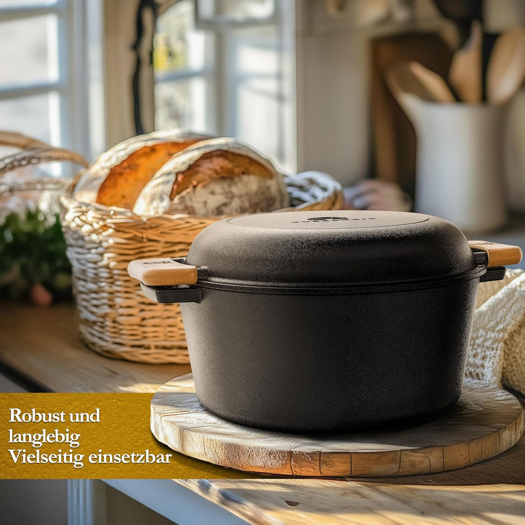 2-in-1 Gusseisen Brotbackform mit Gärkörbchen – eingebrannter Gusseisentopf zum Brotbacken 4,8 L & G