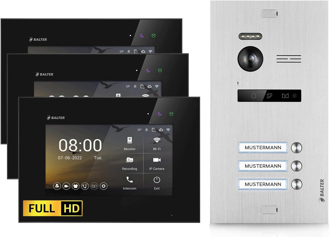 Balter EVO-HD Video Türsprechanlage, Video Türklingel mit Kamera, 3 familienhaus Klingel, 7 Zoll HD
