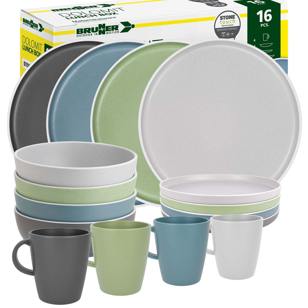 BRUNNER: Melamin Geschirr-Set Camping | 16-Teilig - Teller & Kaffe-Becher für 2-4 Personen | DOLOMIT