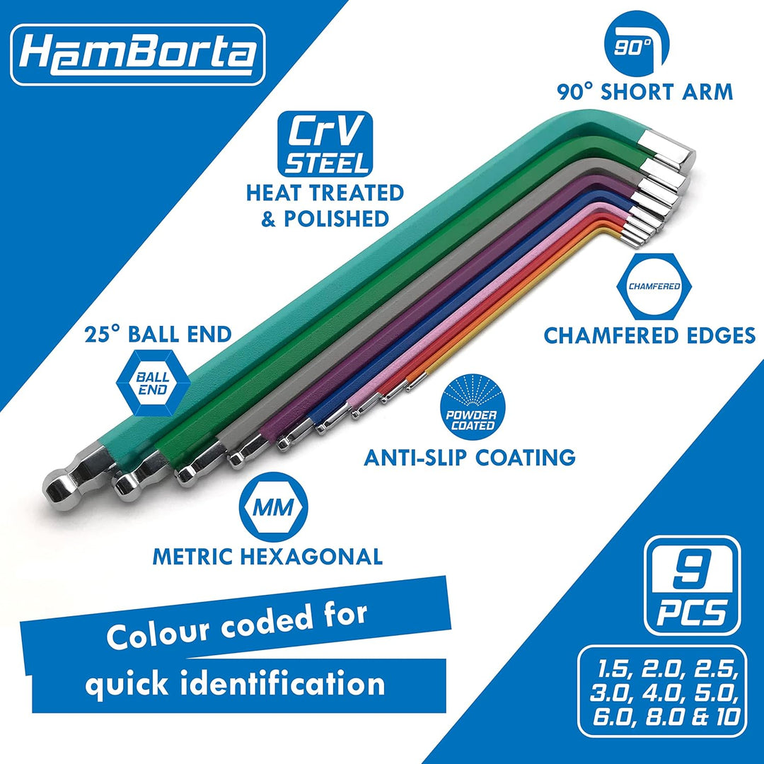 HemBorta® Innensechskant Satz Extra Lang 9 tlg mit Kugelkopf 1.5–10mm, Profi Innensechskantschlüssel