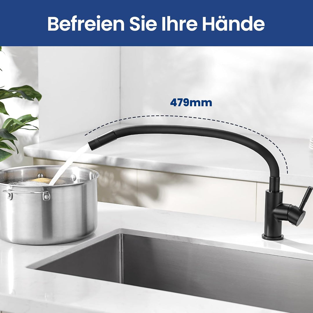 CECIPA Flexibler Wasserhahn, schwarz, für die Küche, mit 2 Strahlarten, Einhebelmischer, klappbar, W