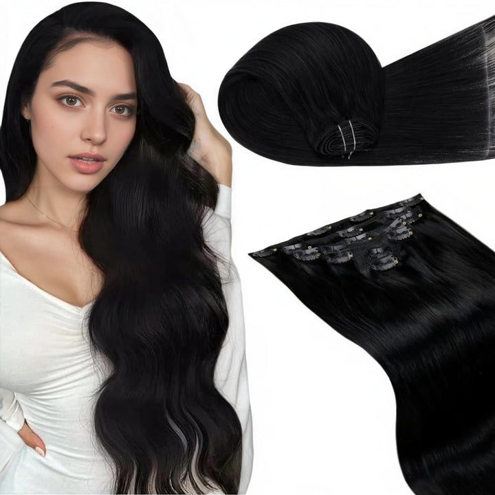 LaaVoo Schwarz Haarverlängerung Clip in 55cm Schwarz Clip in Extensions Echthaar Double Weft Echthaa
