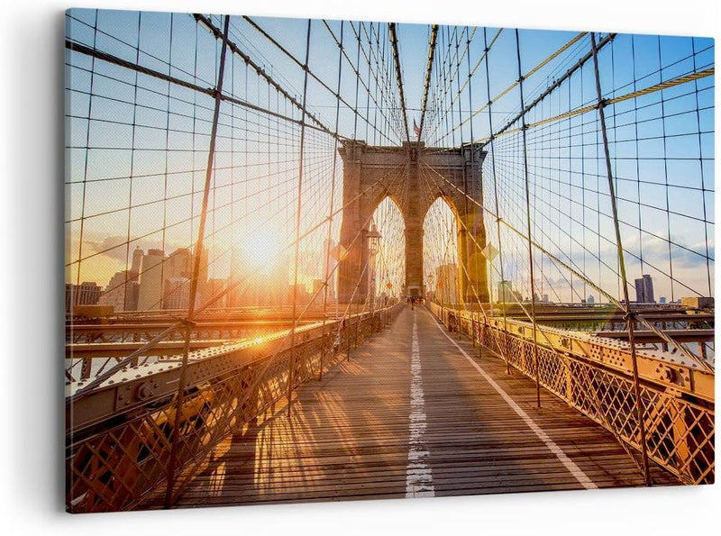 Bilder auf Leinwand 100x70cm Leinwandbild mit Rahmen New York Brücke Gross Wanddeko Bild Schlafzimme