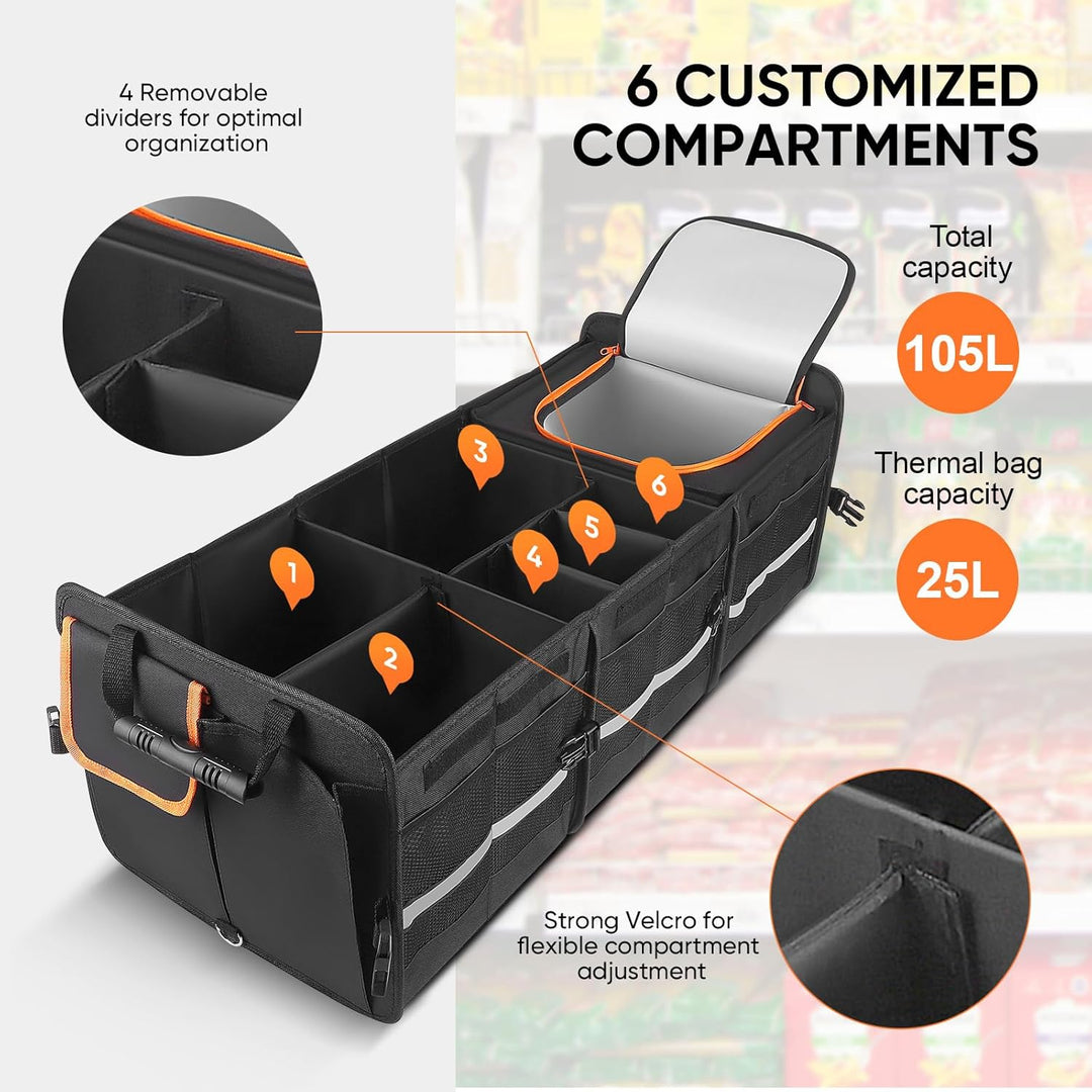 XXXL Auto Kofferraum Organizer mit Deckel, 115L Faltbare Auto Aufbewahrungsbox und 24L Kühltasche mi