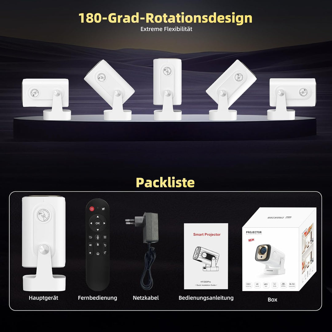 Beamer Full HD 1080P Mini Beamer 4K, Auto Trapezkorrektur, Mini Projector 180°Dreh Videoprojektor Un