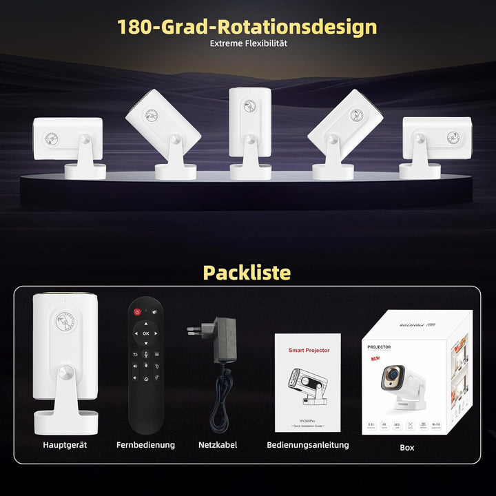 Beamer Full HD 1080P Mini Beamer 4K, Auto Trapezkorrektur, Mini Projector 180°Dreh Videoprojektor Un