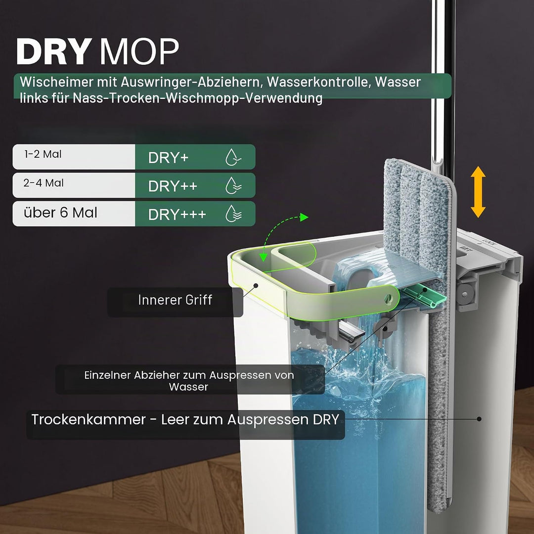 JOYMOOP Wischmopp und Eimer mit Auswringer-Set, Weiss Flach Squeeze Mop Eimer Set für Bodenreinigung