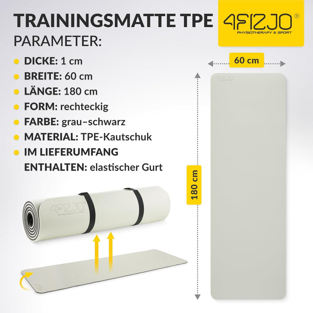 4FIZJO Fitnessmatte mit Tragegurt, Abmessungen 180x60cm, TPE-Kautschuk, Rutschfest, Komfort, In &amp; Ou