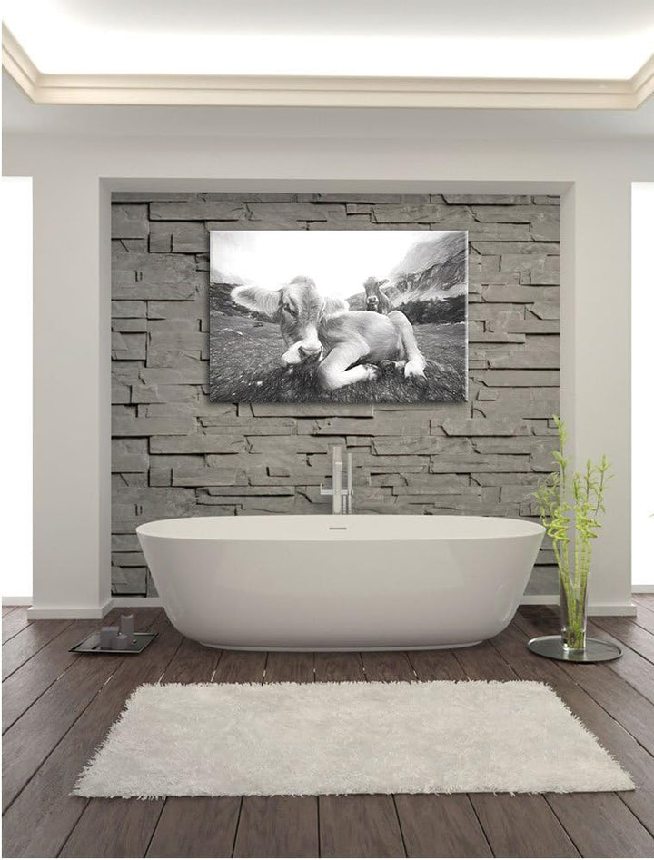 Pixxprint Almkuh in den Bergen Kunst / 100x70cm Leinwandbild bespannt auf Holzrahmen/Wandbild Kunstd