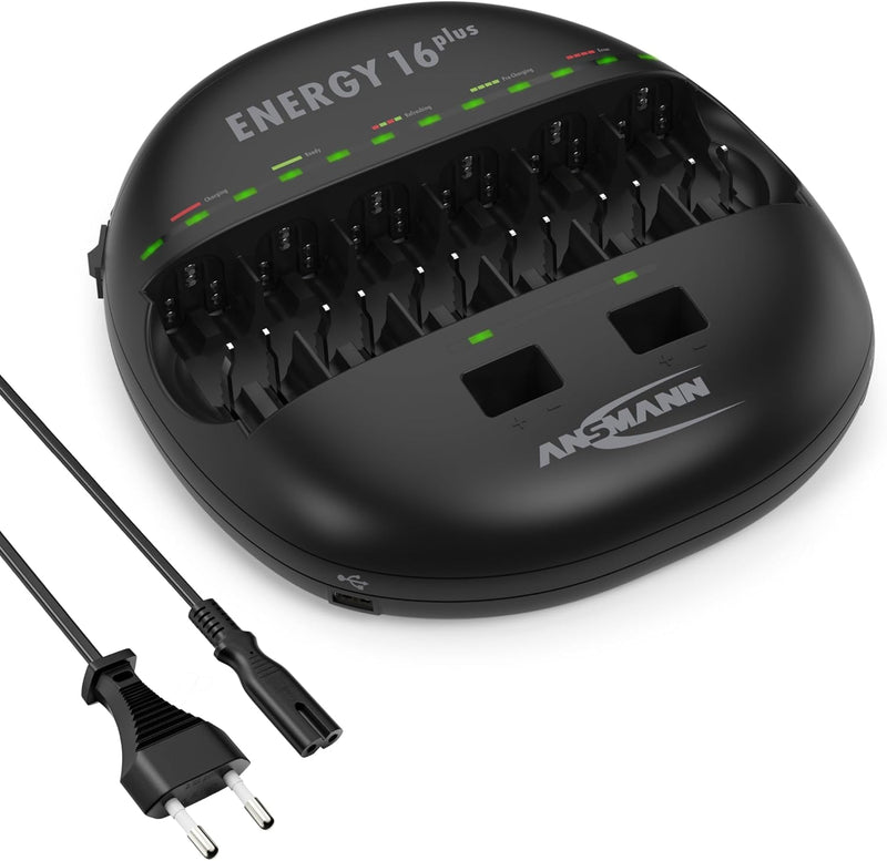 ANSMANN Energy 16 Plus Akku Ladegerät - Ladestation für AAA, AA, C, D, 9V E-Block & USB - Schnelllad