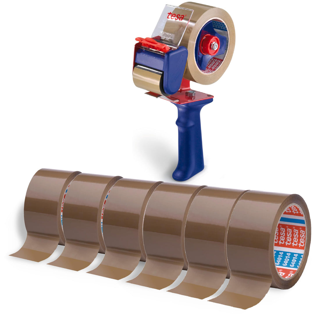 tesa tesapack Strong und Handabroller im Set mit 1 Rolle geräuscharmem Paketklebeband - Braun - 66 m
