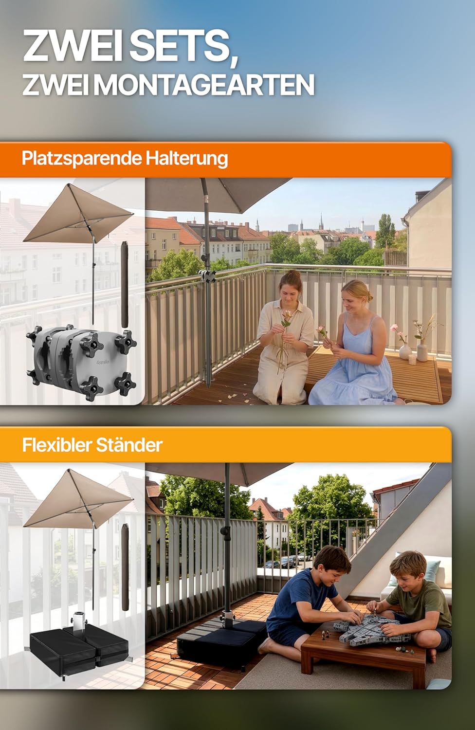 4smile SunnyShade Balkonschirm Rechteckig 210x140 cm, Sonnenschutz Balkon mit UV 50+, Sonnenschirm B