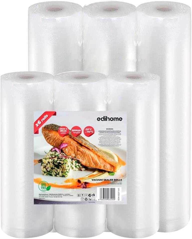 Edihome, Vakuumierbeutel, Set 6 Rollen, 20x300cm + 28x300cm, Sous Vide, BPA frei, nicht Wiederverwen