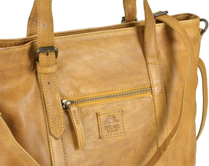 Bear Design Damen Tasche Ledertasche Shopper Schultertasche Handtasche Leder senfgelb Ocker 34x27cm